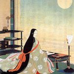 Murasaki Shikibu, la primera novelista, según un antiguo grabado japonés.