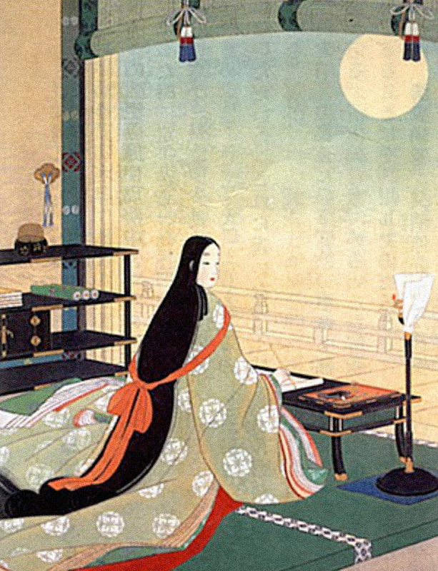 Murasaki Shikibu, la primera novelista, según un antiguo grabado japonés.