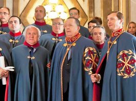 Ricardo, caballero de San Jorge, junto al infante Carlos de Borbón-Dos Sicilias, el duque de Alba y el duque de Calabria, entre otros.