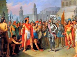 Representación idealizada del encuentro de Cortés con Moctezuma
