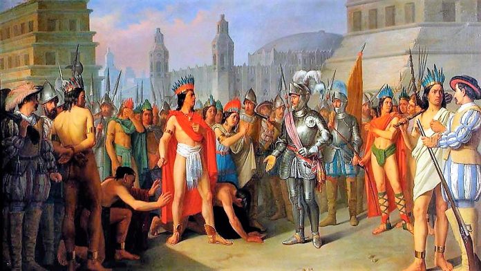 Representación idealizada del encuentro de Cortés con Moctezuma