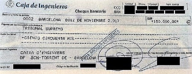 Cheque de Caja de Ingenieros con el que se pagó la fianza de Carme Forcadell.