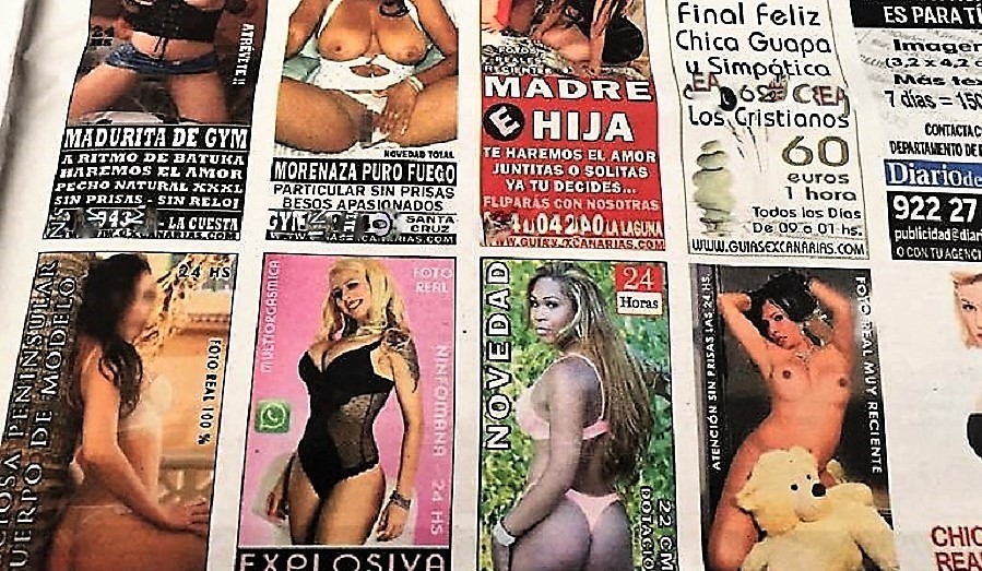 Degradantes anuncios de prostitución actuales en un periódico español.