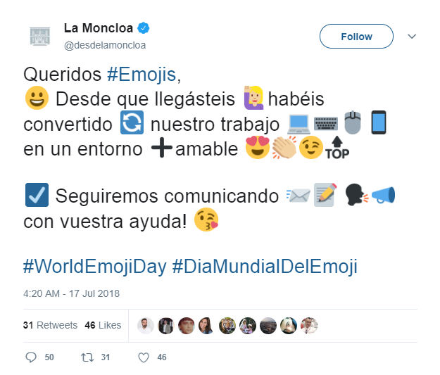 Felicitación de La Moncloa por el Día Mundial del Emoji, el 17 de julio 2018.
