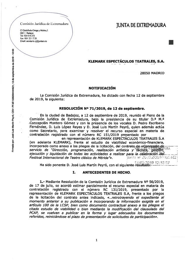 Primera página del fallo de la CJE que tumba el concurso del Festival de Mérida 2020-2023.