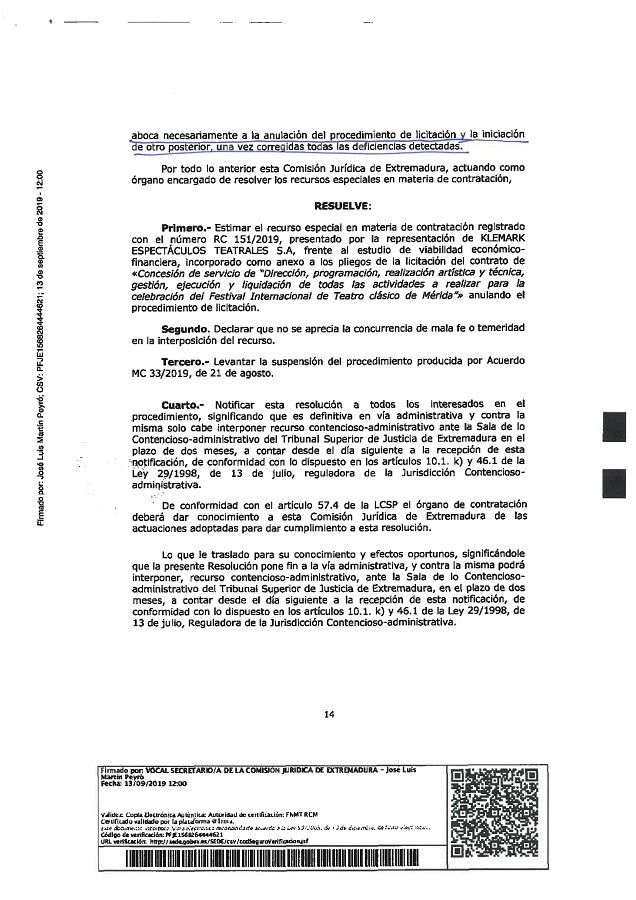 Última página del fallo de la CJE, que contiene la resolución de anulación del concurso.