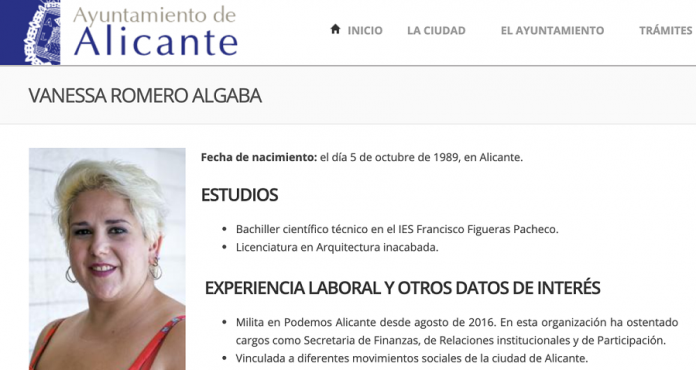 Captura de la web del Ayuntamiento de Alicante con el retrato de la concejala.