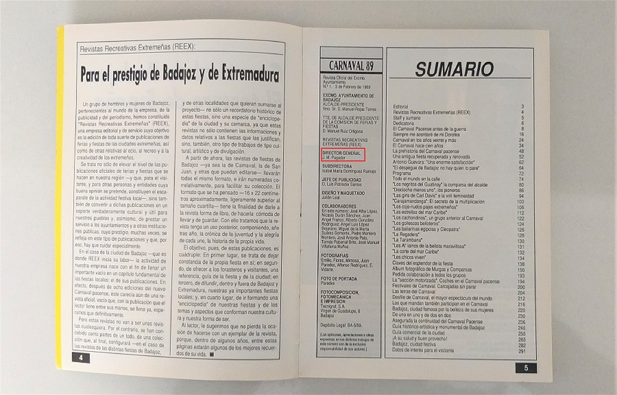 Declaración de intenciones y staff de la Revista del Carnaval de Badajoz en su primer número. ARCHJVO J.M. PAGADOR