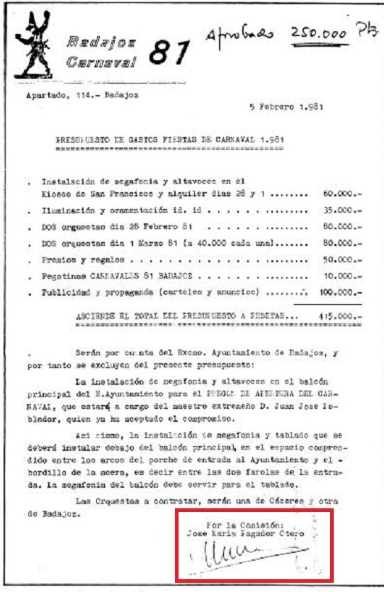 Presupuesto del primer Carnaval de 1981, administrado y firmado por el periodista. ARCHIVO J.M. PAGADOR