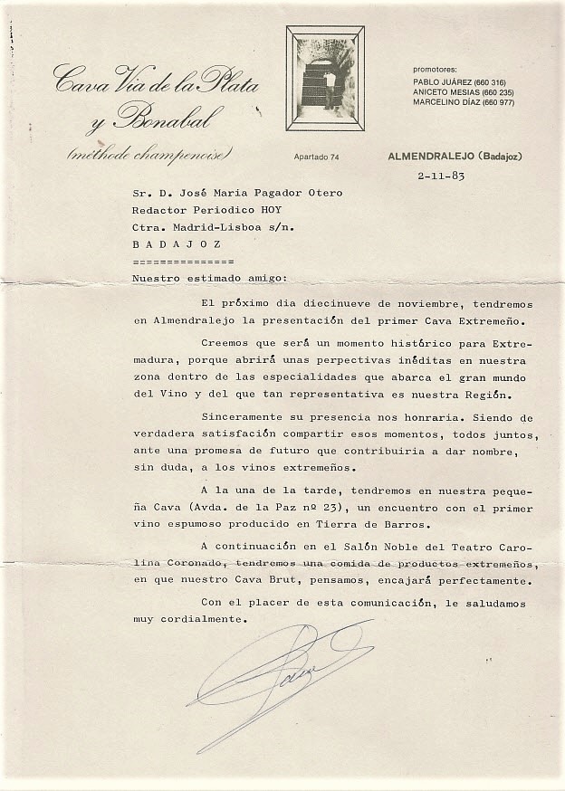 Carta de1983 anunciando la presentación oficial del cava extremeño. ARCHIVO J.M. PAGADOR