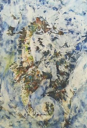 CABALLITO de MAR. 2021. Monotipo. Ebru, óleo sobre papel, 70×50 cm.