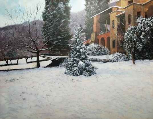 Nieve en el monasterio de Yuste. Acrílico sobre lienzo, 92,5x73 cm.