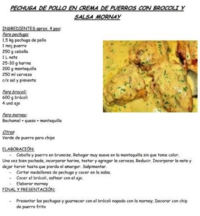 Pechuga de pollo en crema de puerros con brócoli y salsa Mornay