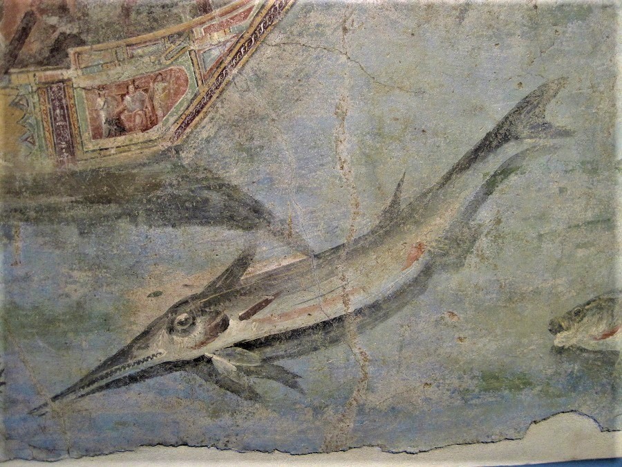 Proa de una galera romana navegando por el Mediterráneo en un fresco del Museo de Roma. J.M. PAGADOR