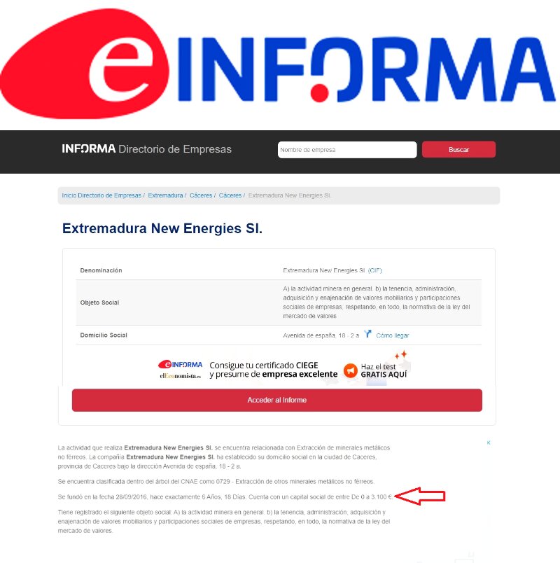 El capital social de ENE está en el tramo de 0 a 3.100 euros, como certifica eINFORMA