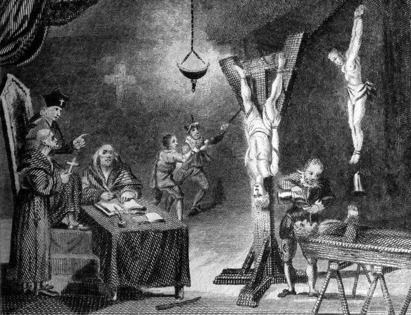 Grabado antiguo sobre los piadosos procedimientos de la Inquisición católica.