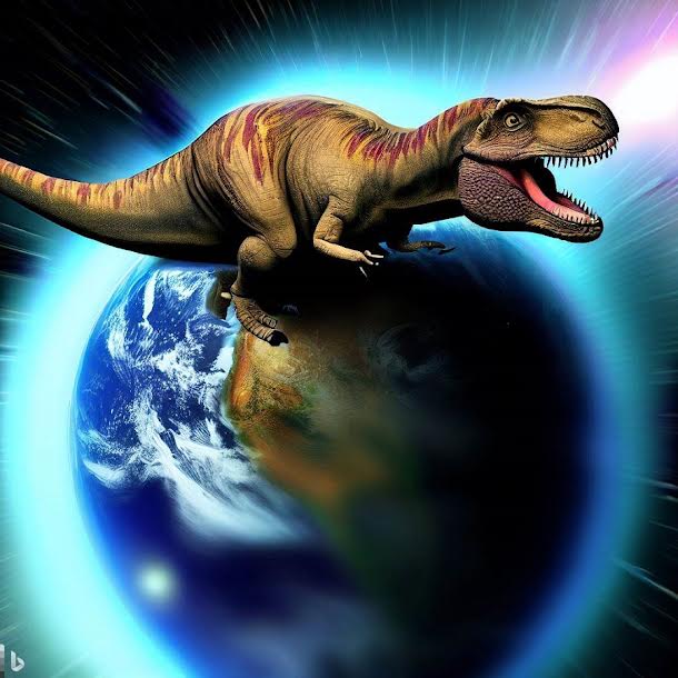 T. rex viajando sobre la Tierra a través del espacio (imagen creada con DALLE-Bing).