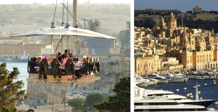 'Dinner in the sky Malta' y vista aérea de la ciudad. J.M. PAGADOR. MONTAJE PROPRONews