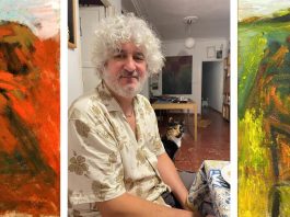 El artista y dos de sus obras más recientes.