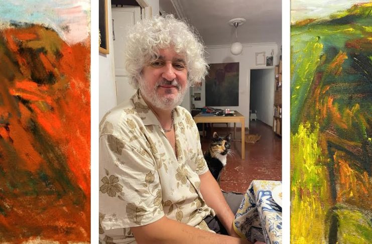 El artista y dos de sus obras más recientes.