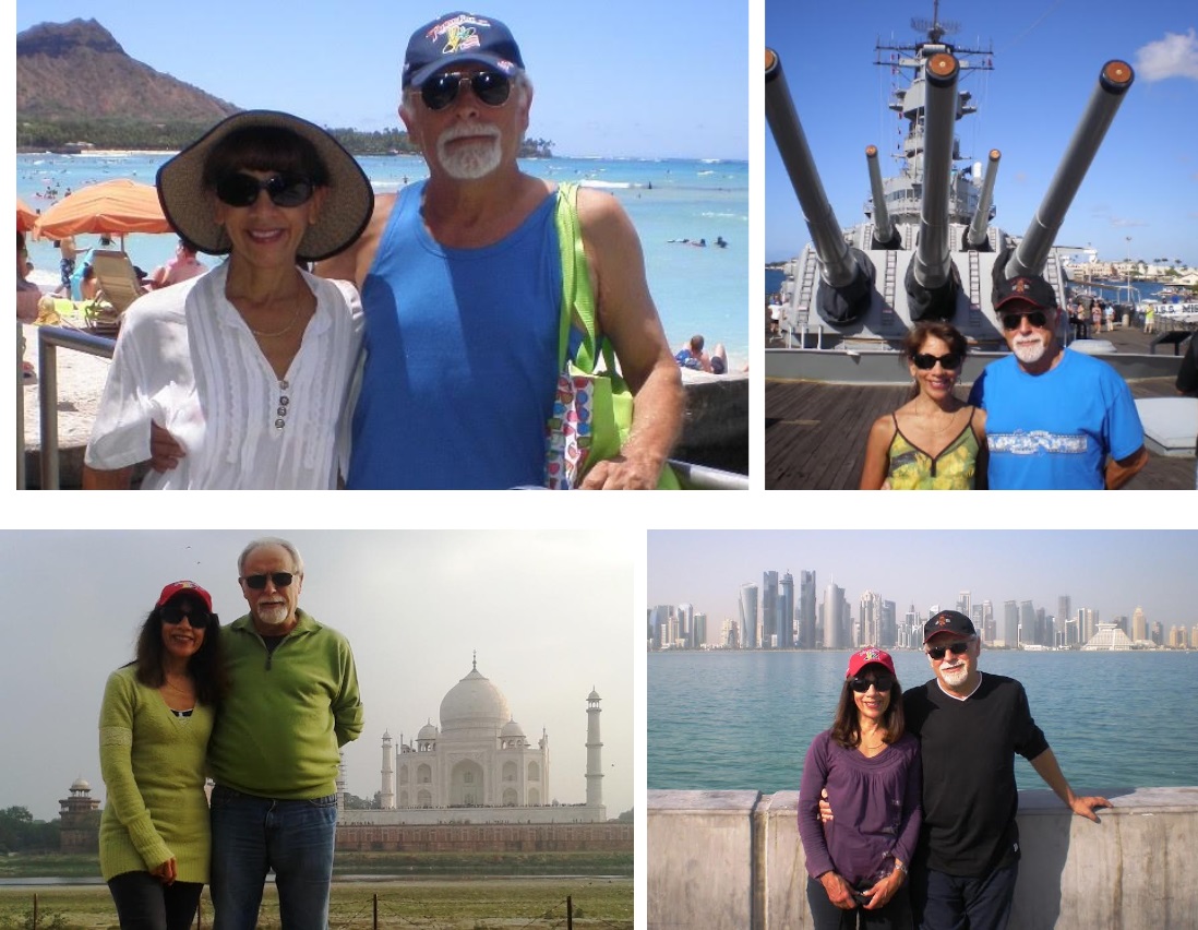 Villafaina, con Lydia C. Salsedo, en India, Catar, P. Harbour y Honolulu, algunos de sus frecuentes viajes por el mundo. MONTAJE PROPRONews