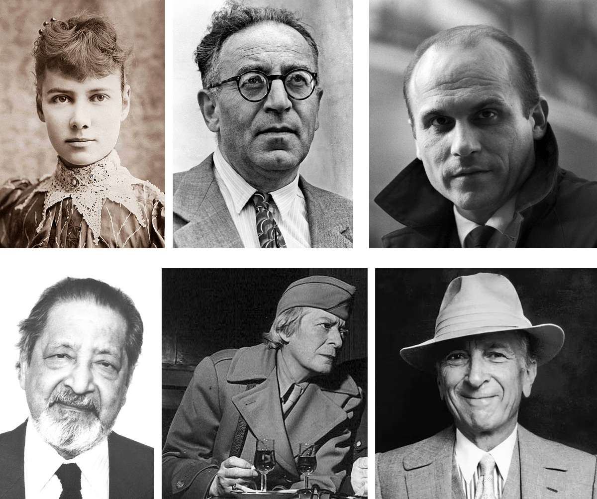 En el sentido de las agujas del reloj, Fly, Grossman, Kapucinski, Naipaul, Flanner y Talese. MONTAJE PROPRONews